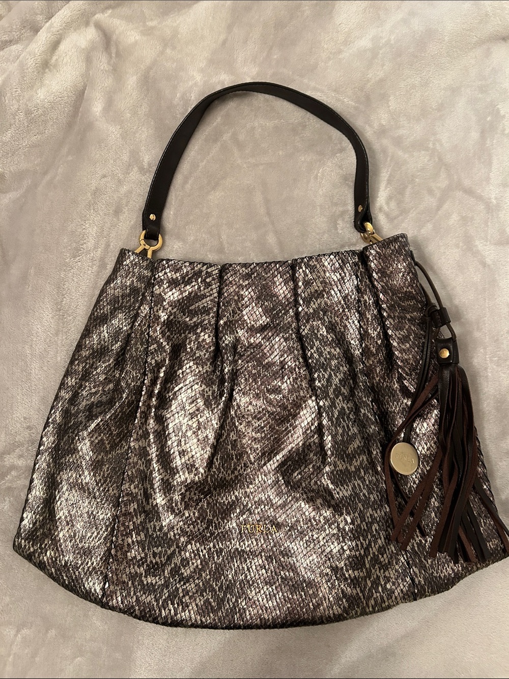 Furla Metallic Snake-Effect Shoulder Bag in Silver and Black